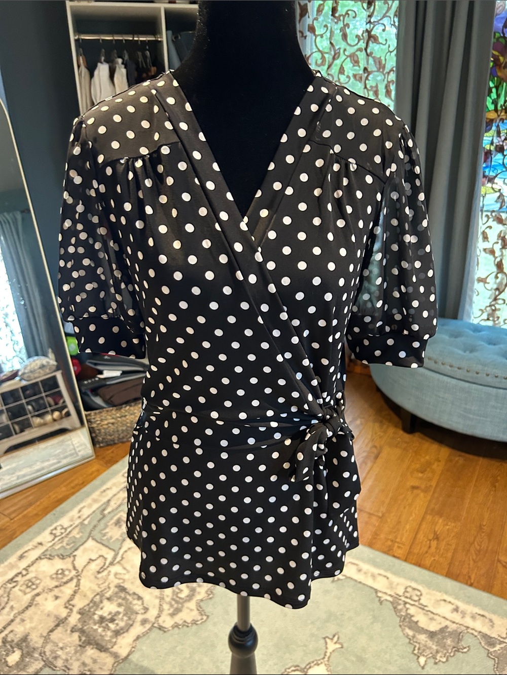 Black and White Polka Dot Wrap Blouse with Side Tie